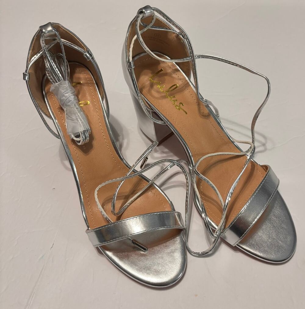 Lulus Kaira Silver Lace Up Block Heel Sandals Womens 10 Strappy NEW